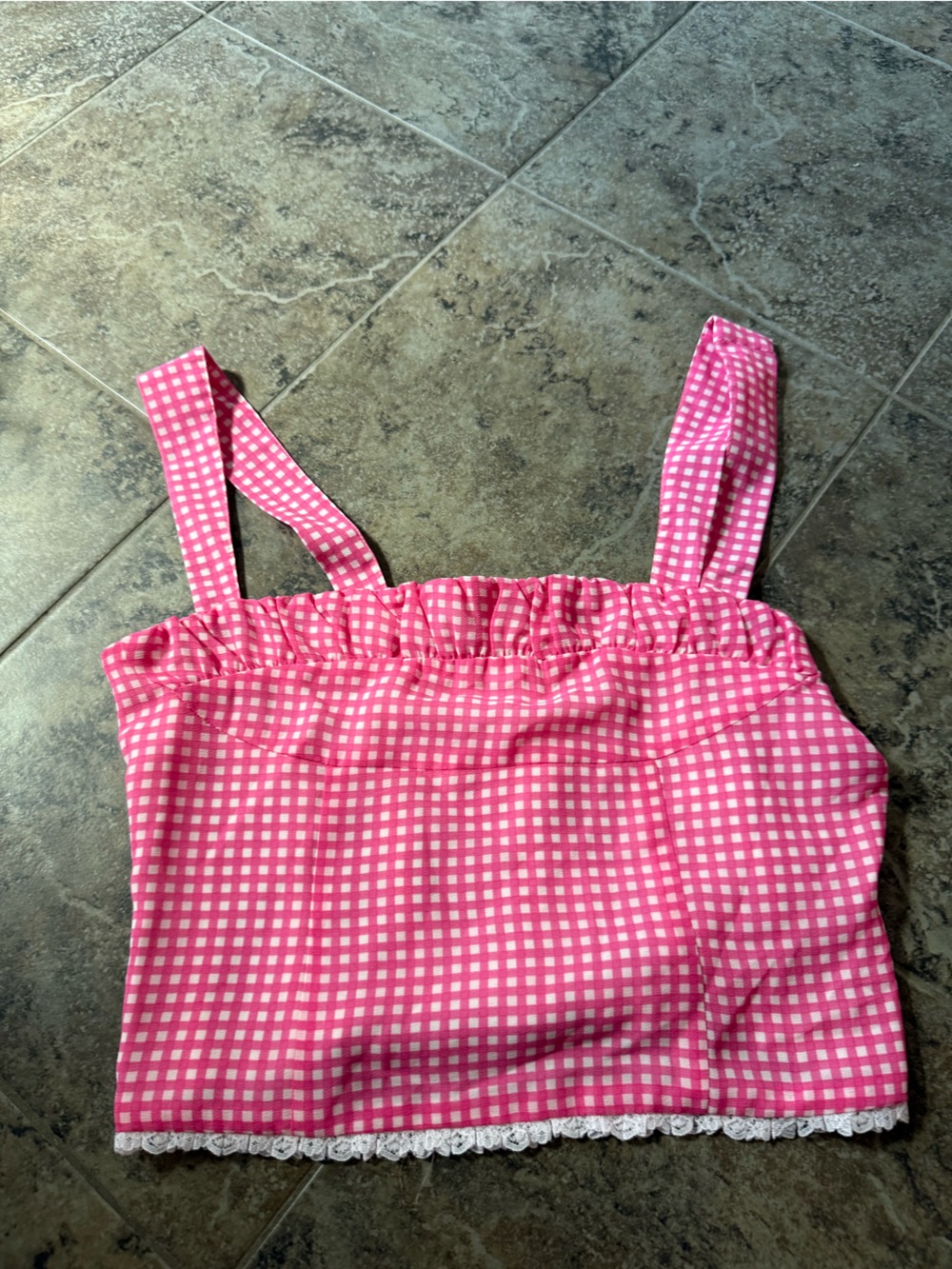 NWOT Pink Gingham Lace-Trim Tank Top by Megan moroney